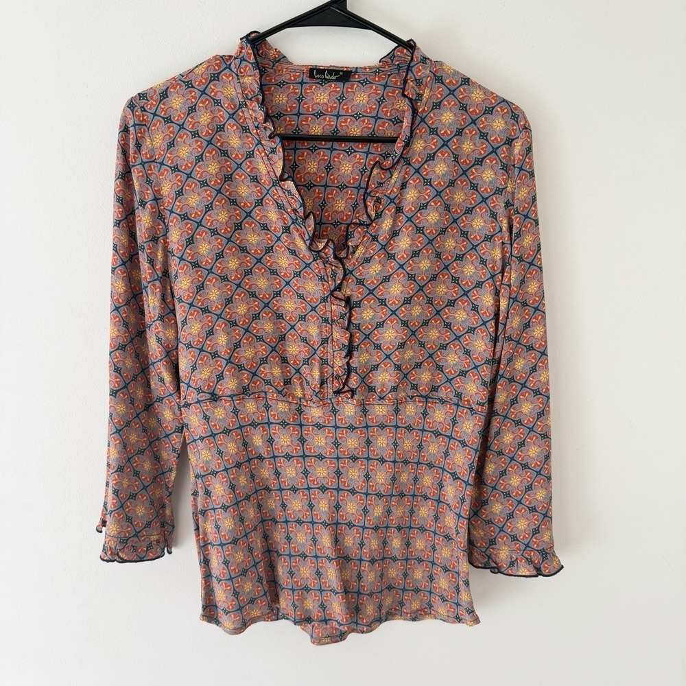 Loco Lindo Vintage Ruffle Blouse Boho Empire Waist S Psychedelic Retro Print - Picture 2 of 9